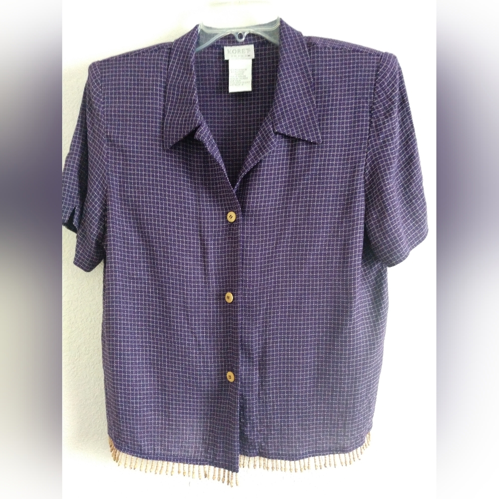 Koret Purple Check Button Front Shirt Short Sleeve Bead Fringe Size 12 Chest 38"